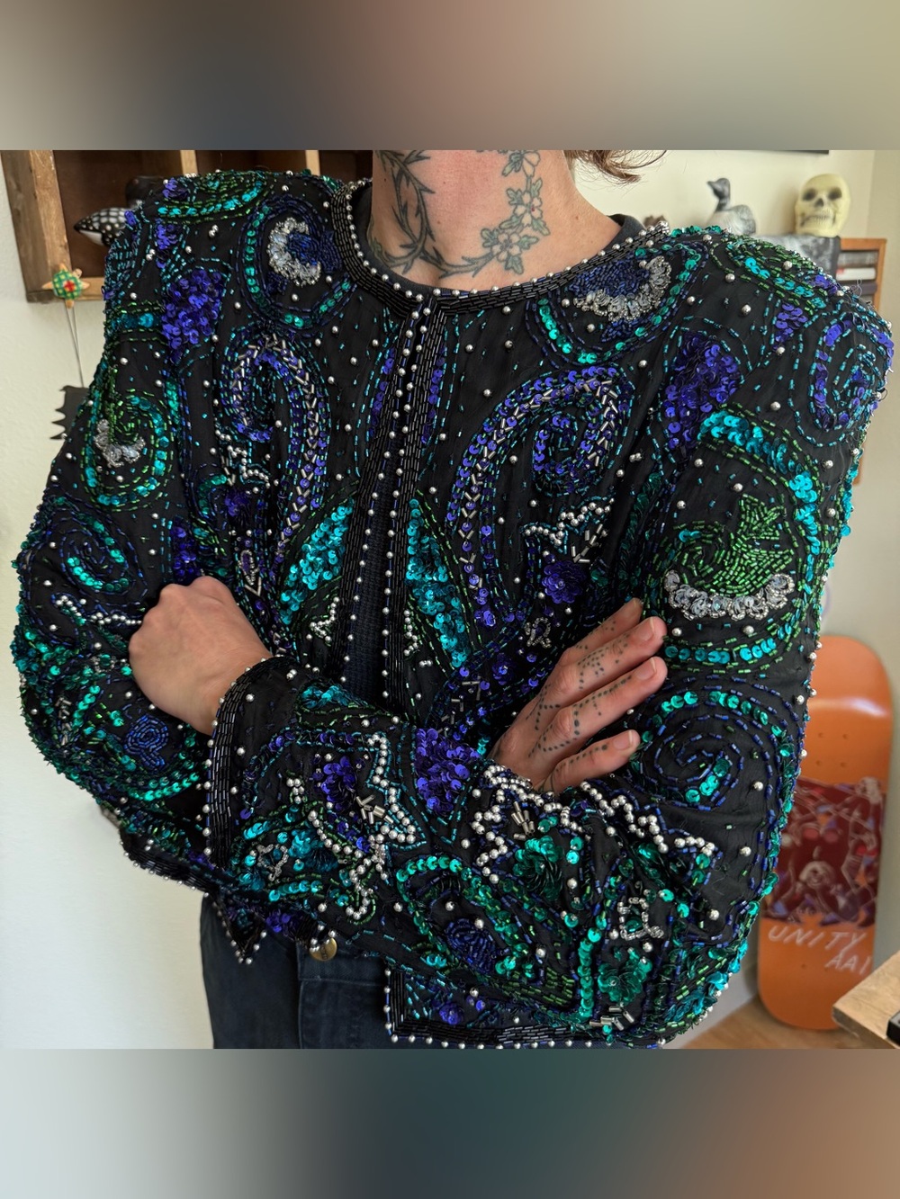Vintage 80s Deadstock Laurence Kazar Silk Sequin Top ~ Size XL - Picture 3 of 9